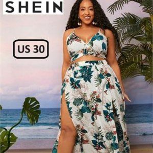 Sexy summer 2pc skirt and top summer set with tropical Print Plus size